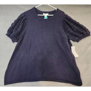Design History Cotton Crochet Puff Navy Blue Short Sleeve Sweater Size 2X NWT
